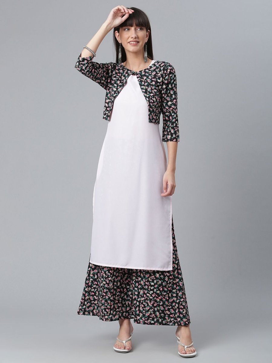 Ahalyaa Light Pink Crepe Solid Kurta And Palazzo Set With Jacket | Swadesiicart