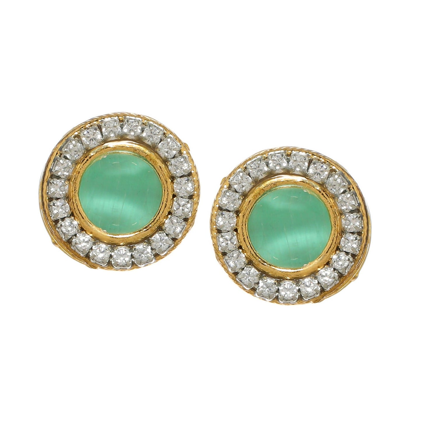 Green Round Daimond and Stone Studs (Green) - Ruby Raang | Swadesiicart