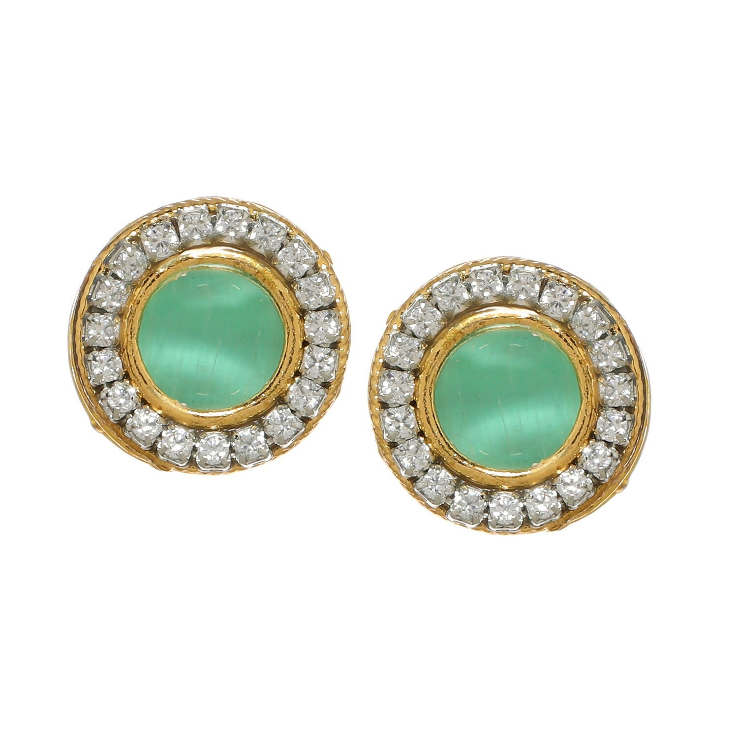 Green Round Daimond and Stone Studs (Green) - Ruby Raang | Swadesiicart