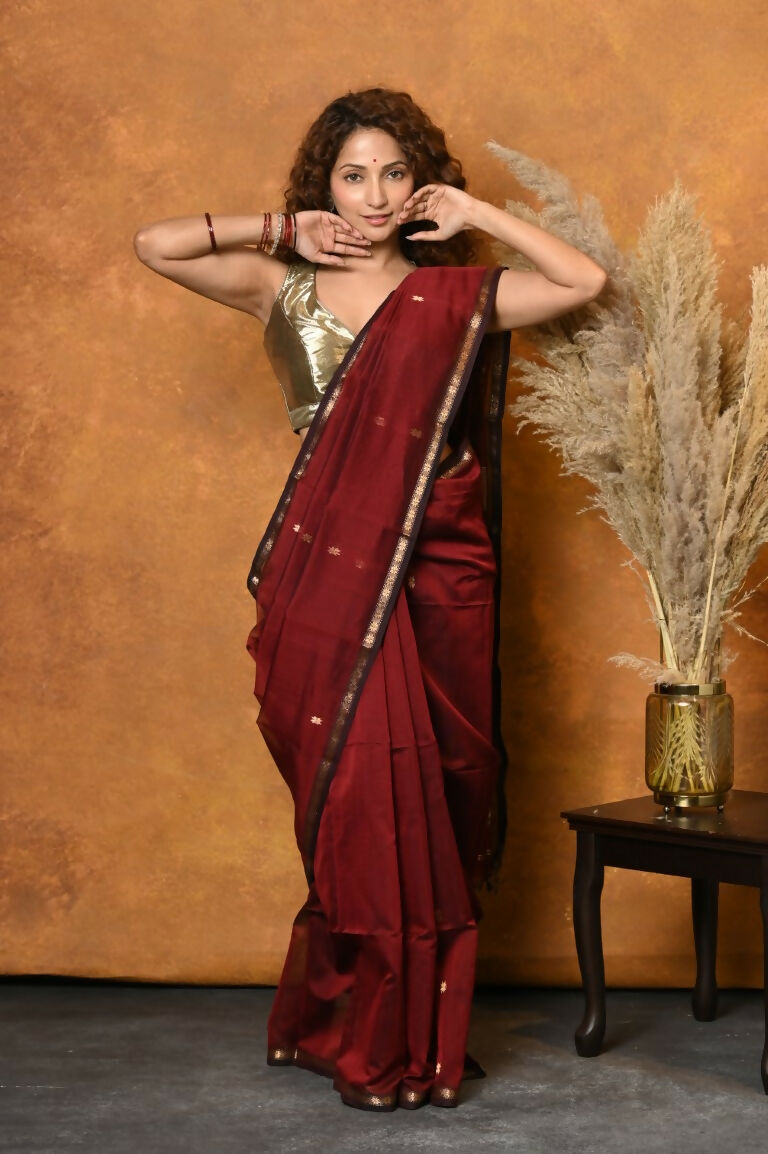 Very Much Indian Handloom Pure Cotton Silk Saree With Sleek Golden Border - Maroon | Swadesiicart