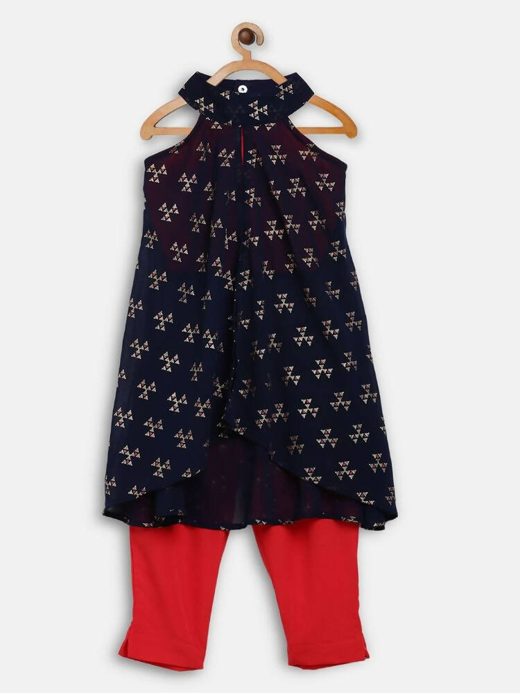Ahalyaa Navy Printed Chanderi Silk Kids Kurta With Pant For Girls | Swadesiicart