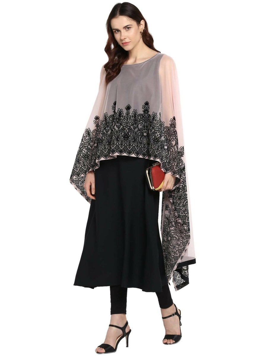 Ahalyaa Women's Beautiful Black Crepe Printed Kurta with Attached Dupatta | Swadesiicart