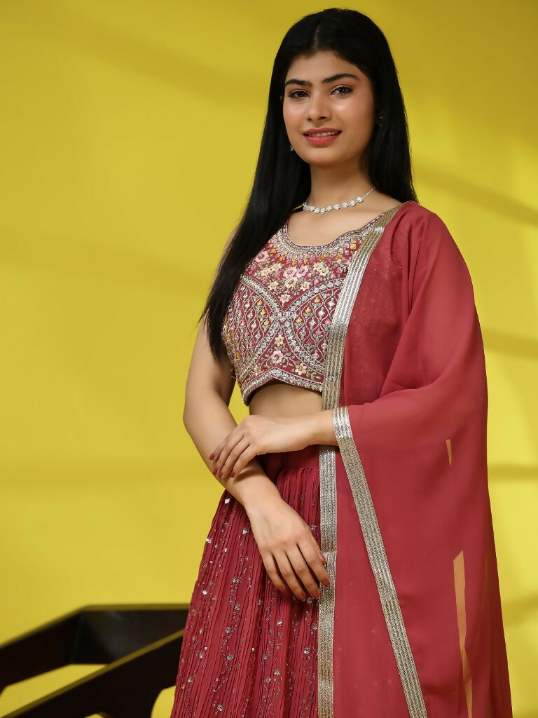 Red Georgette Embroidered Lehenga choli with Dupatta - Dhara | Swadesiicart