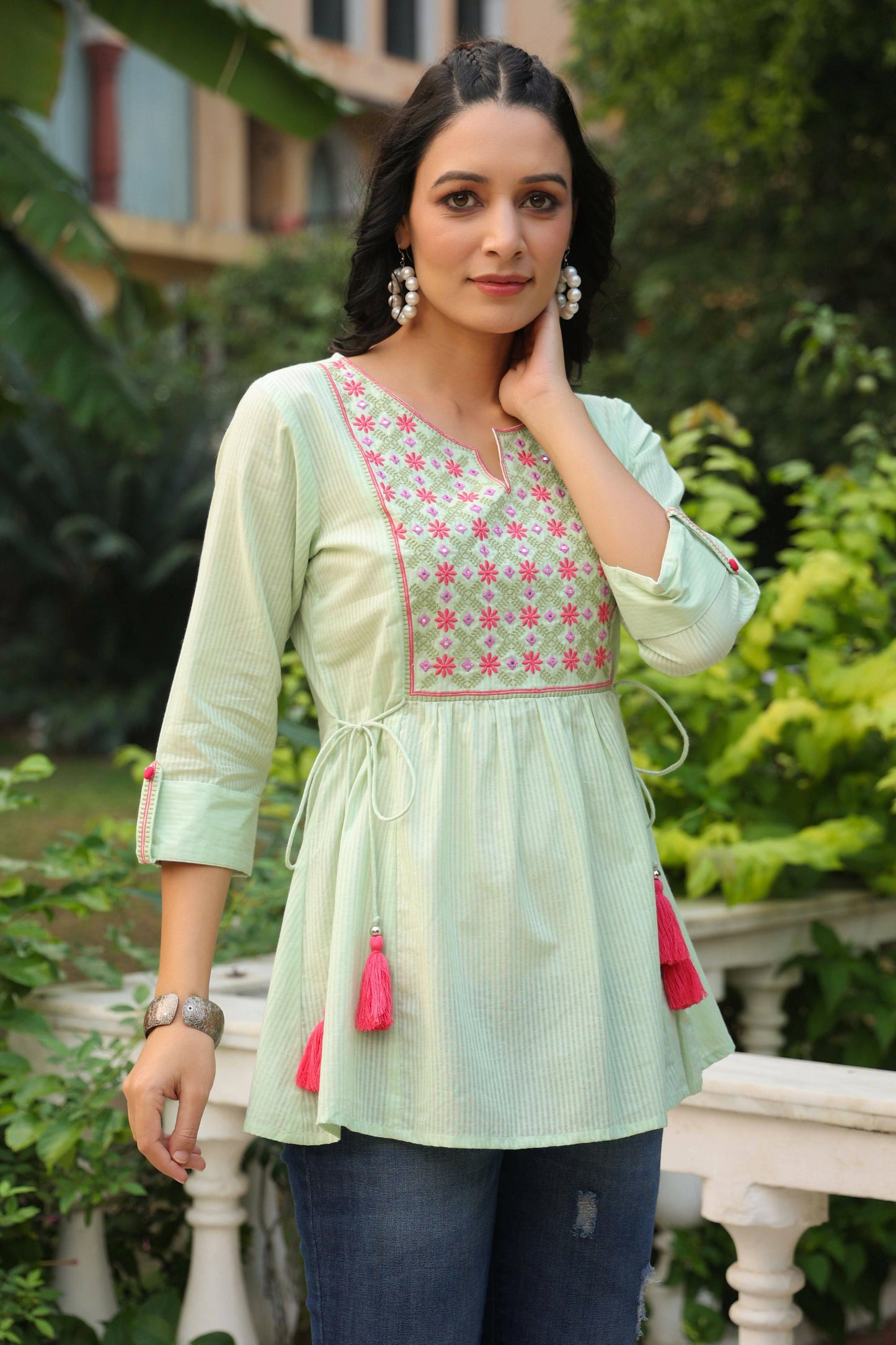 Juniper Women's Green Cotton Dobby Solid Embroidered Straight Tunic | Swadesiicart