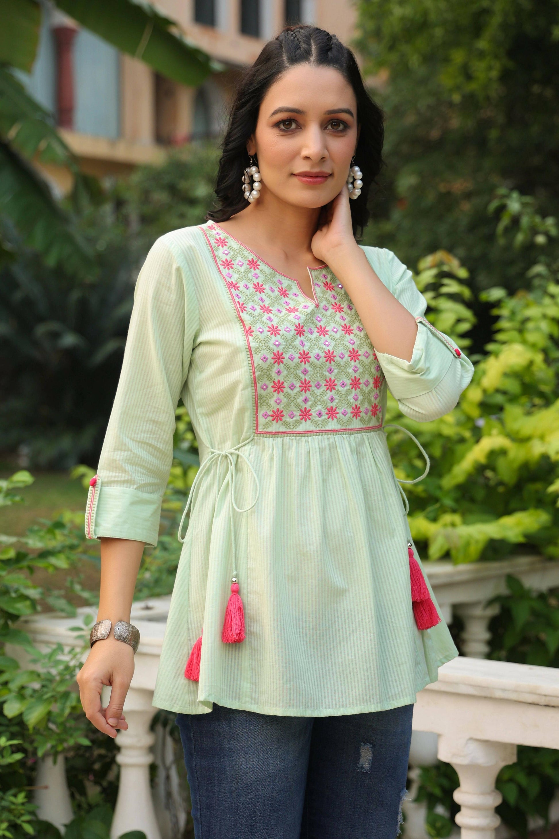 Juniper Women's Green Cotton Dobby Solid Embroidered Straight Tunic | Swadesiicart