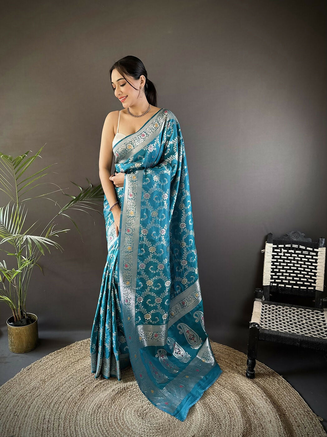 Joban Fashion Turquoise Meenakari Banarasi Silk Sarees | Swadesiicart