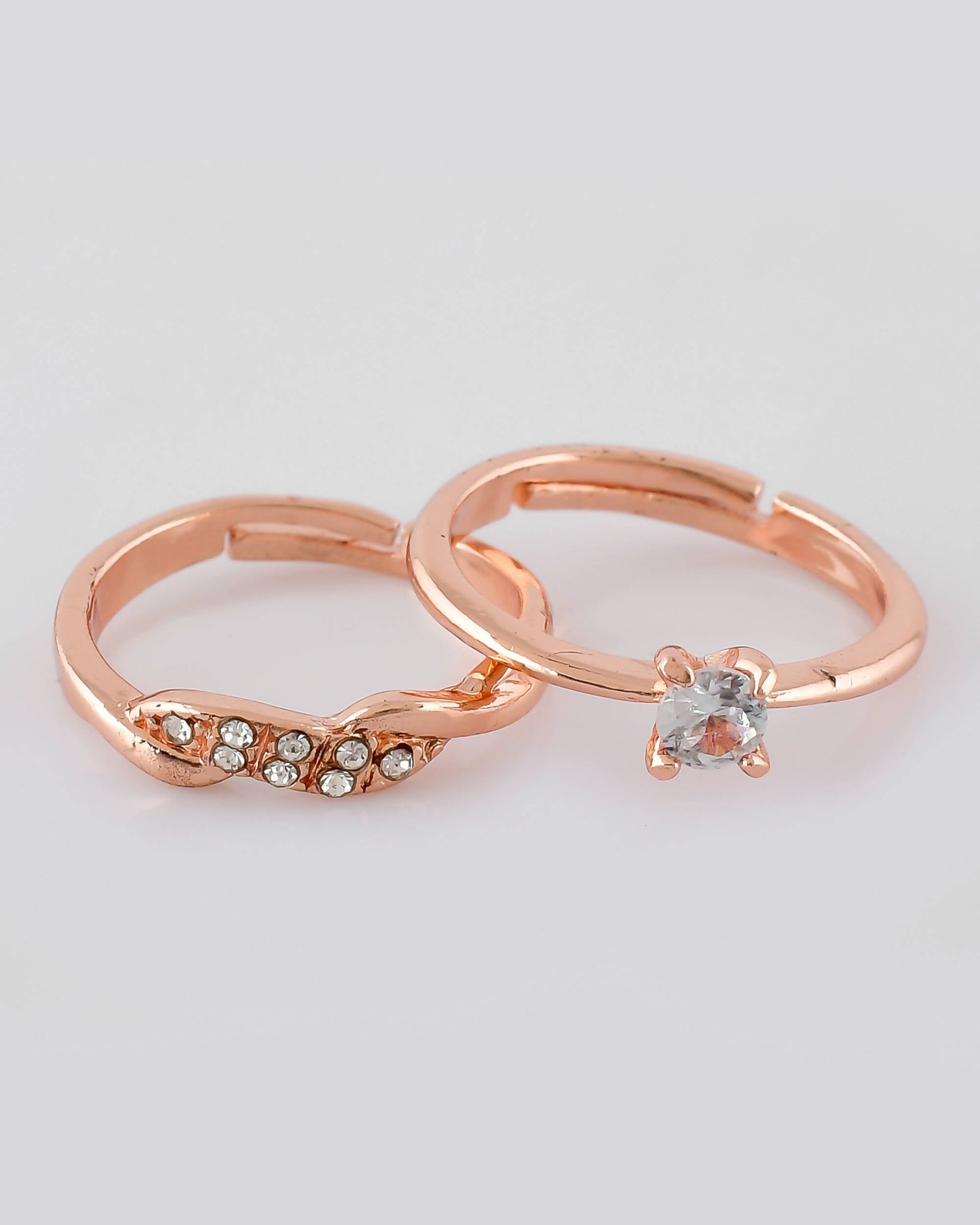 VOJ Stainless Steel Cubic Zirconia Rose Gold-Polished Adjustable Ring Set for Couple | Swadesiicart