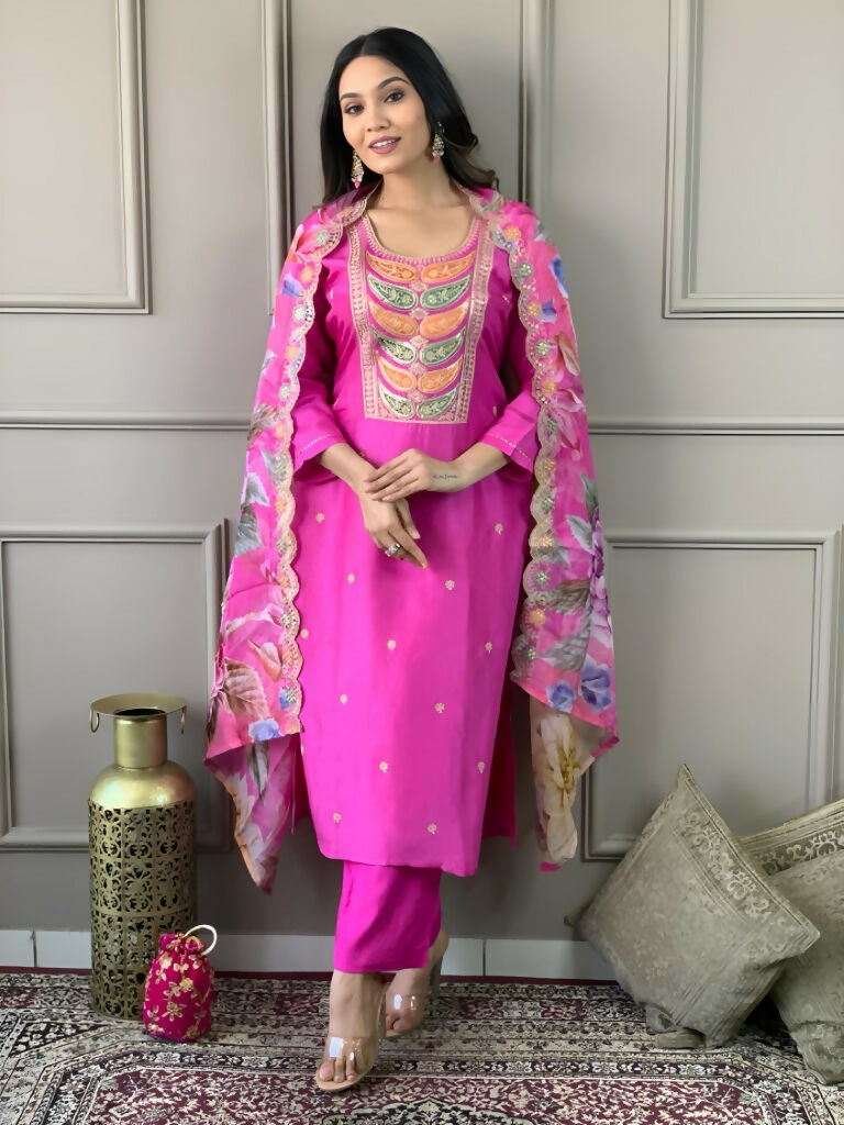 Partywear Designer Viscose Chanderi Pink Stitched Suit With Dupatta - Tanisha | Swadesiicart