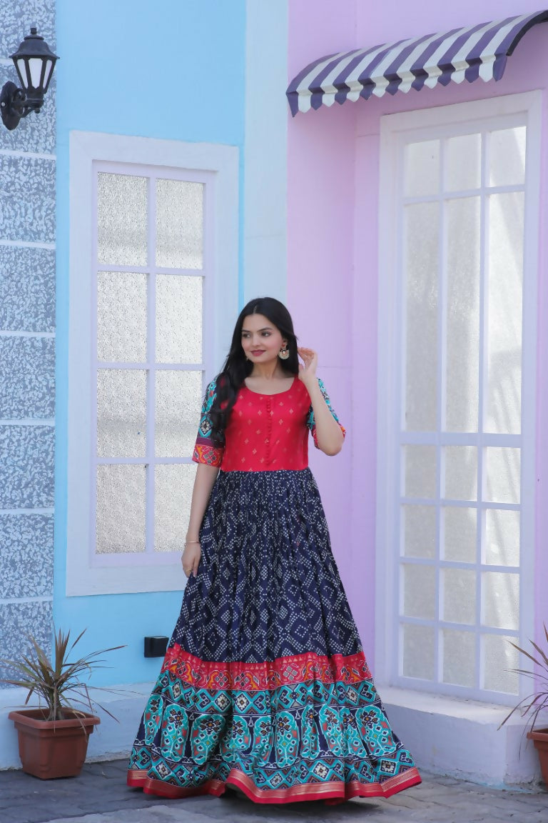 Jyoti Fashion Women's Navy Blue Patola with Foil Print Dola Silk Anarkali Dress | Swadesiicart