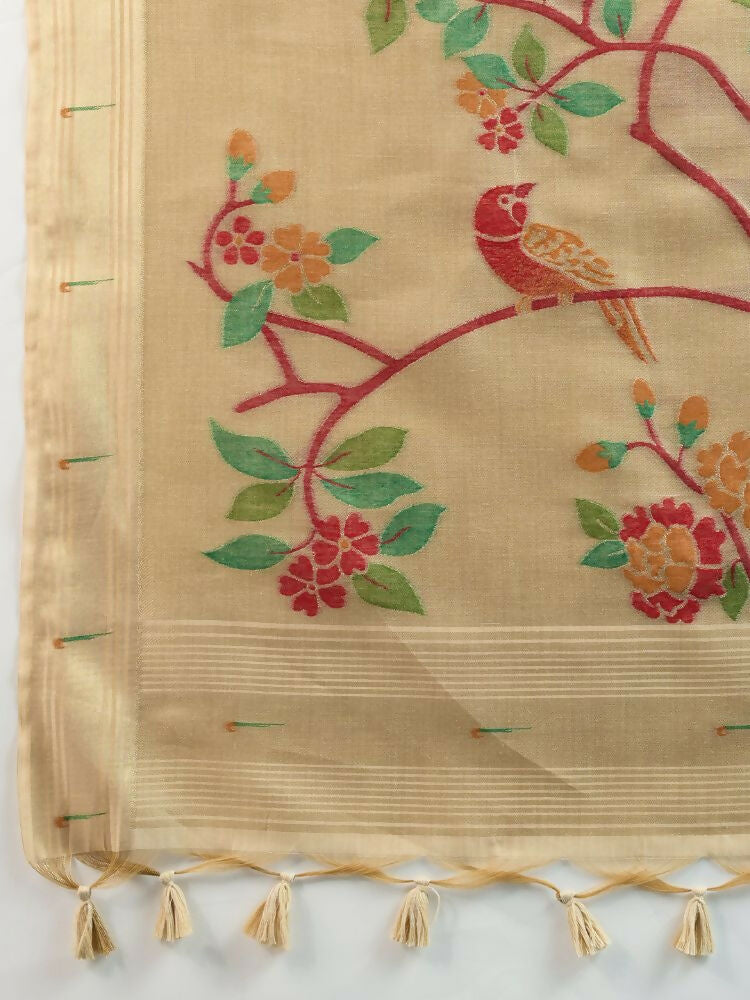 Vishnu Weaves Women's Chiku Muga Cotton Thread Woven Butti with Blouse - Swadesiicart