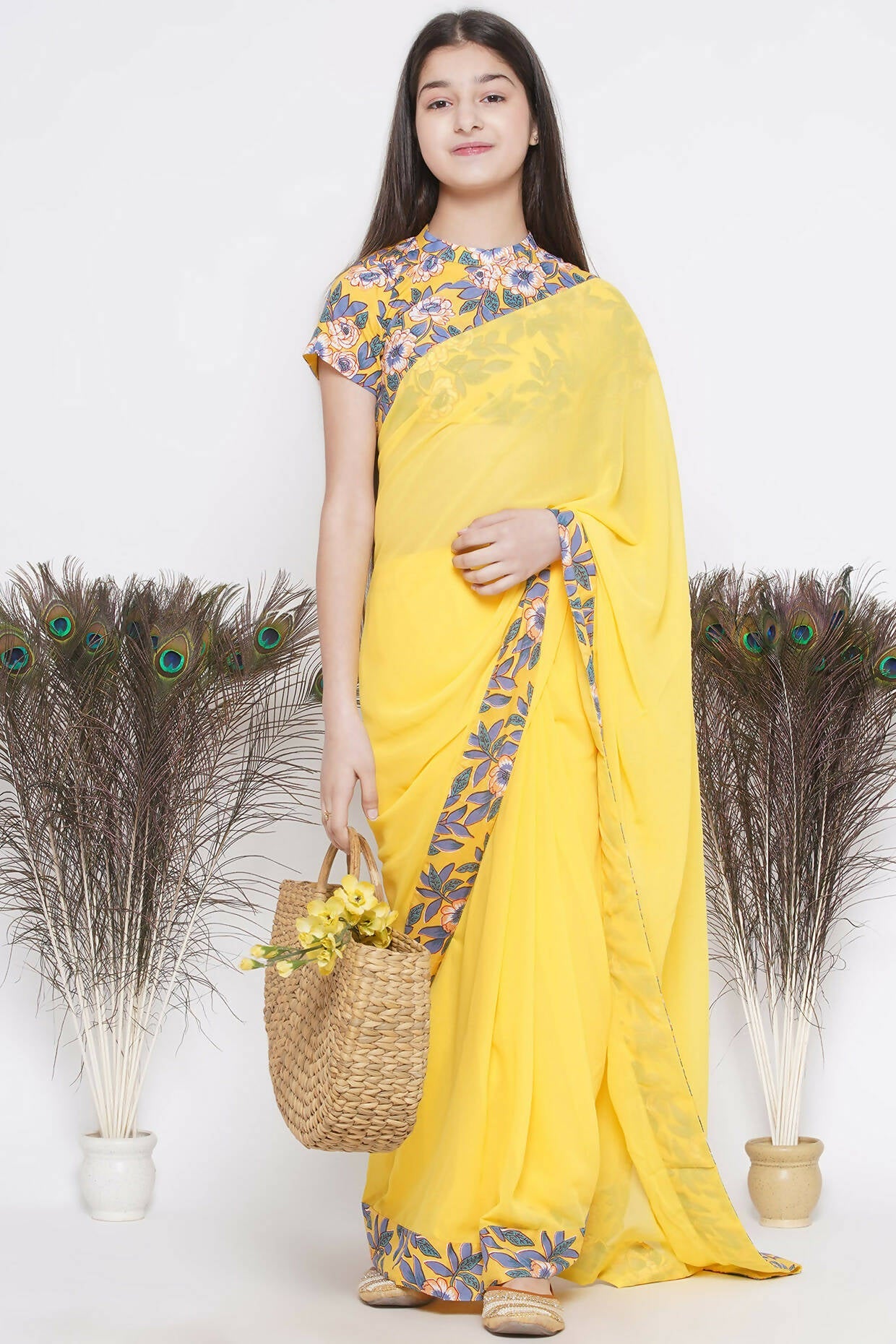Little Bansi Floral Print Ready To Wear Saree And Floral Blouse - Yellow | Swadesiicart