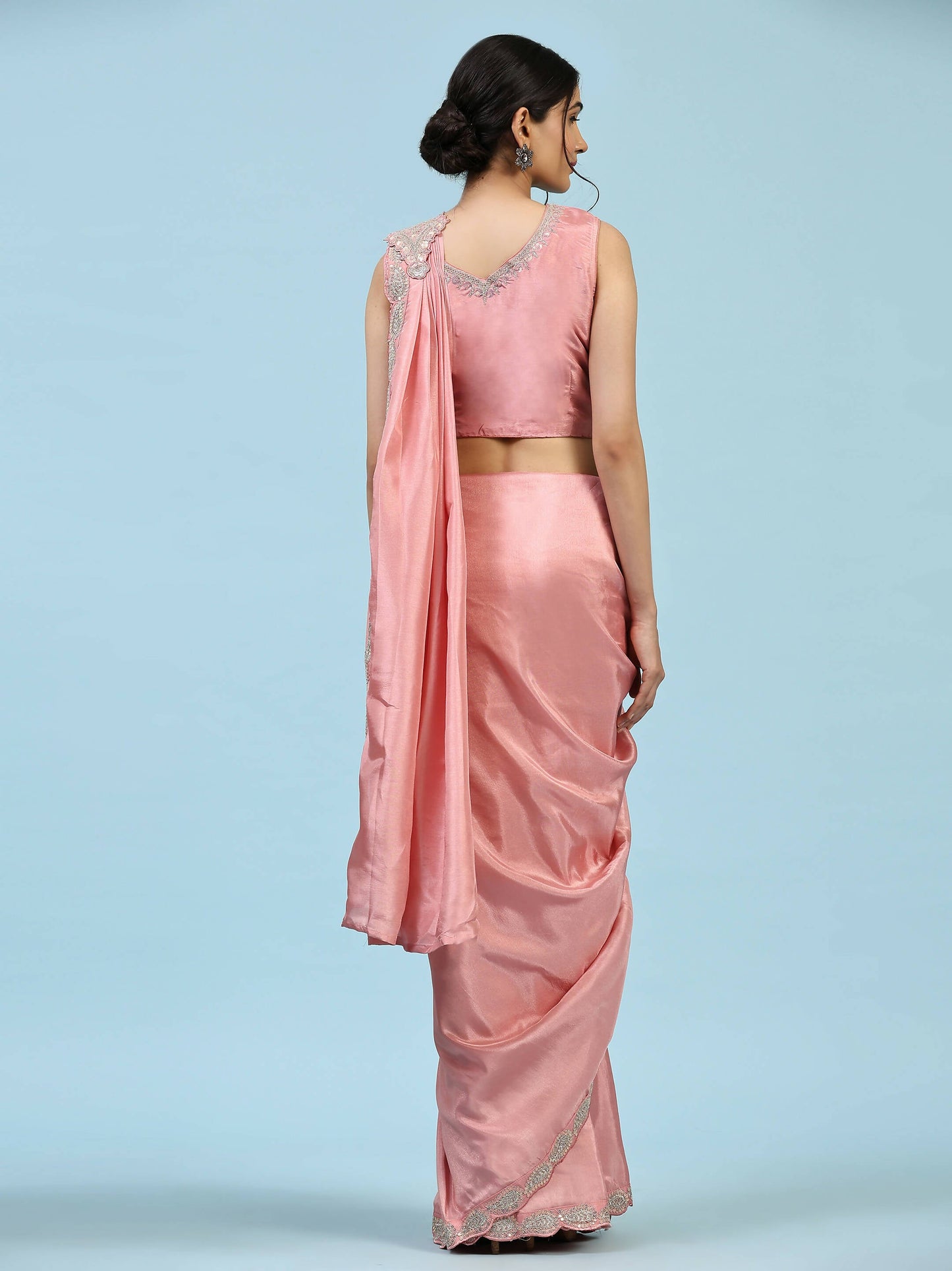 Peach Silk Satin Plain Ready to wear Saree with stitched Blouse - Vrinda | Swadesiicart
