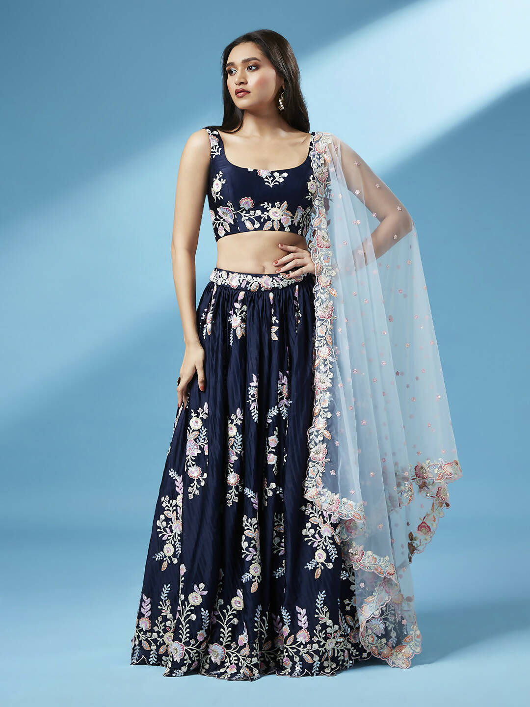 House of Panchhi Navy Blue Pure Georgette Thread & Sequinse Work Lehenga & Blouse, Dupatta | Swadesiicart