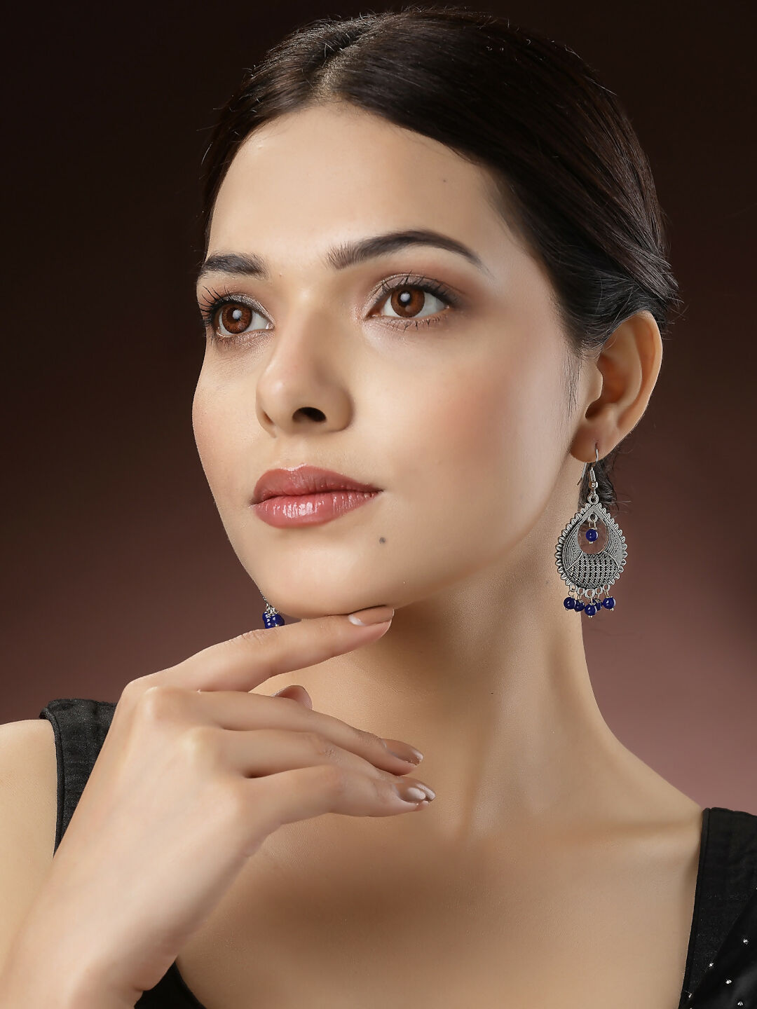 NVR Women's Silver-Plated Artificial Beads German Silver Oxidised Chandbali Earrings - Swadesiicart