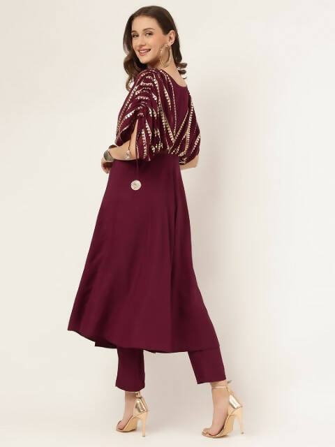 FIORRA Women's Wine Poly Crepe A-Line Kurta Set - Swadesiicart