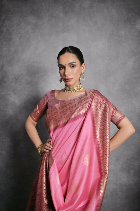 Vishnu Weaves Women's Baby-Pink Tussar Silk Zari Woven Saree with Blouse - Swadesiicart