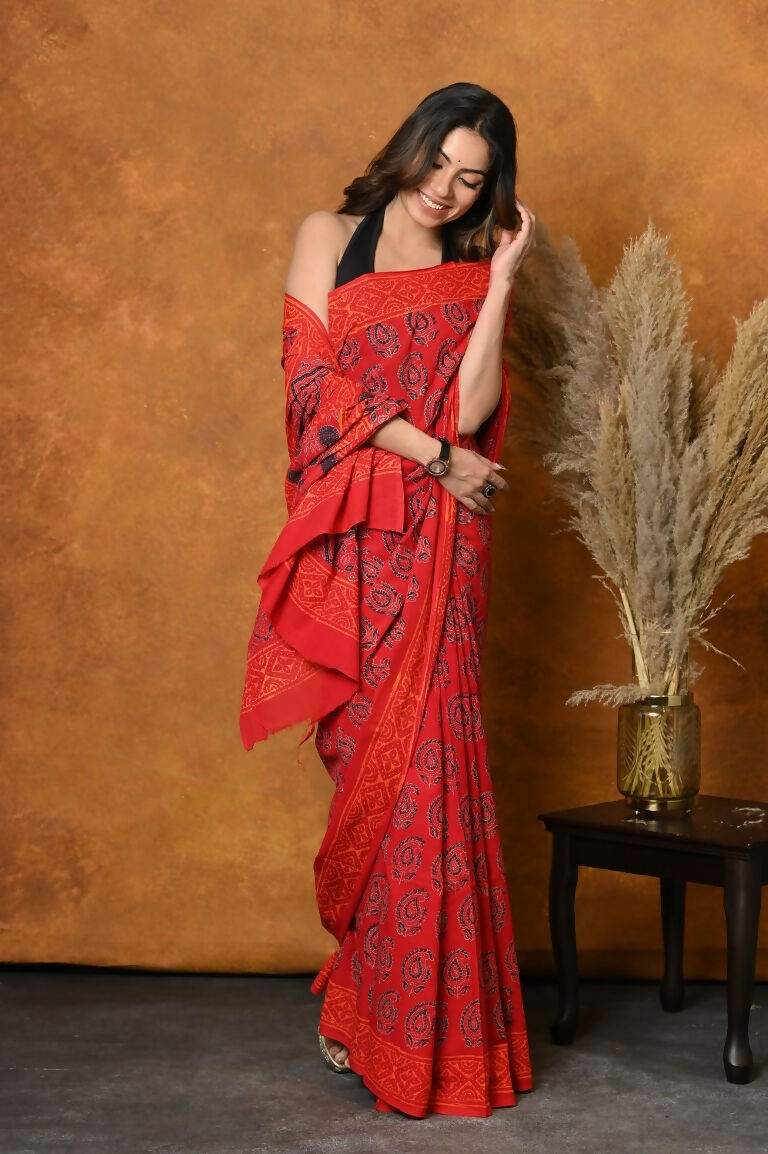 Very Much Indian Handblock Printed Cotton Saree With Natural Dyes - Red | Swadesiicart