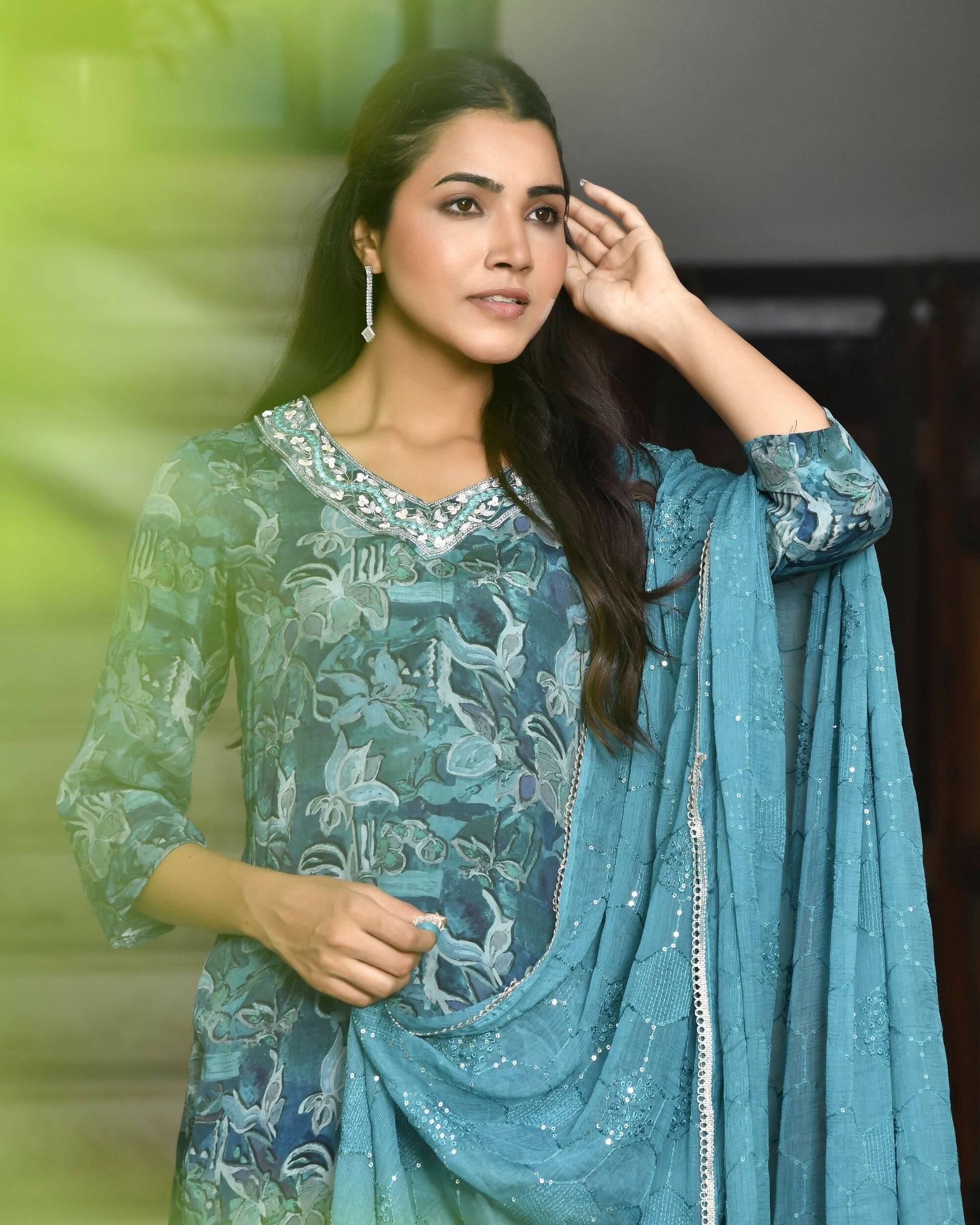 Vaasva Women's Teal Crepe Embroidered Suit Set | Swadesiicart