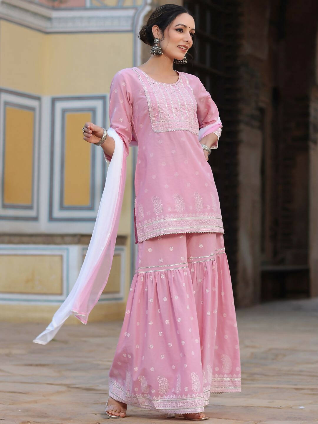 Juniper Women's Pink Cambric Floral Print Kurta Sharara Sets | Swadesiicart