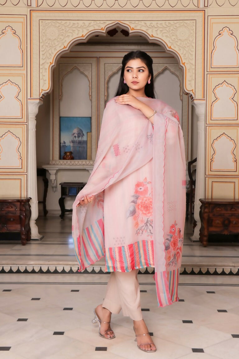 Vaasva Women Beige Tabby Slik Print & Embroidered Kurta, Pant & Dupatta set | Swadesiicart