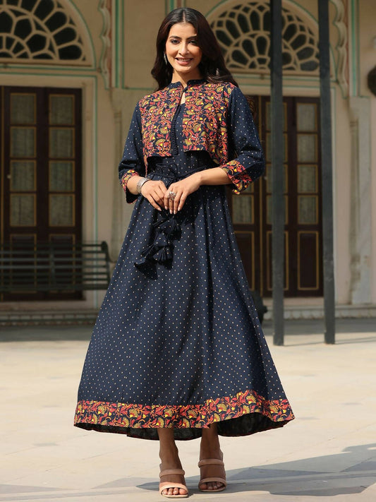 Juniper Women's Blue Rayon Festive Printed Flared Dress | Swadesiicart
