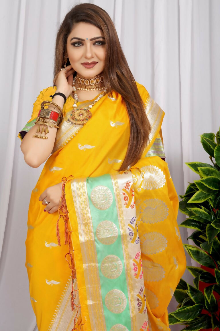 Jyoti Fashion Women's Yellow Paithani Silk Zari Woven Saree with Blouse | Swadesiicart