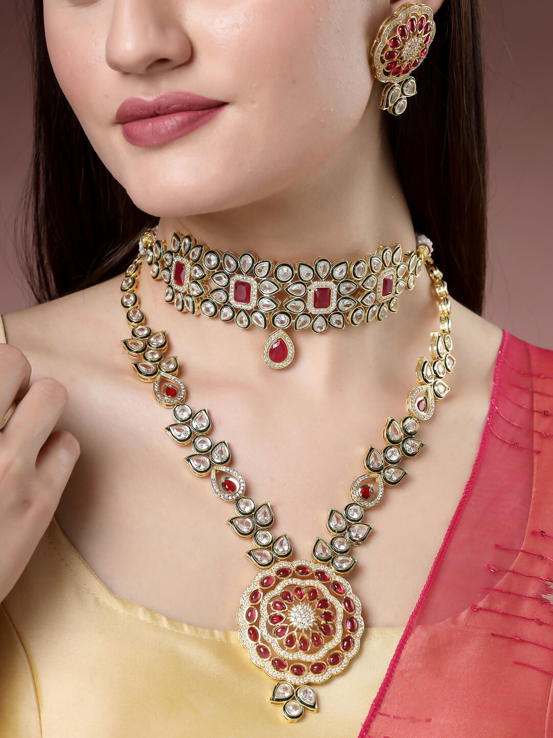 NVR Women's Set of 2 Red & Gold Kundan Studded Jewellery Set Choker & Long Necklace With Earrings - NR Retail-NVR