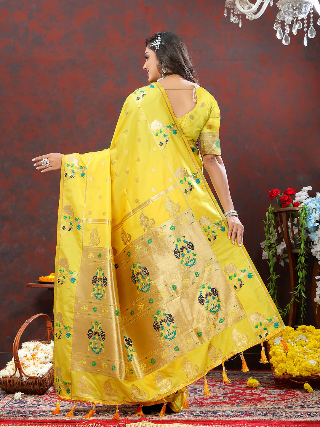 Lorenvalley Fashion Yellow Soft Paithani Silk Woven Design Gold Zari Meenakari Weaving Saree - Swadesiicart