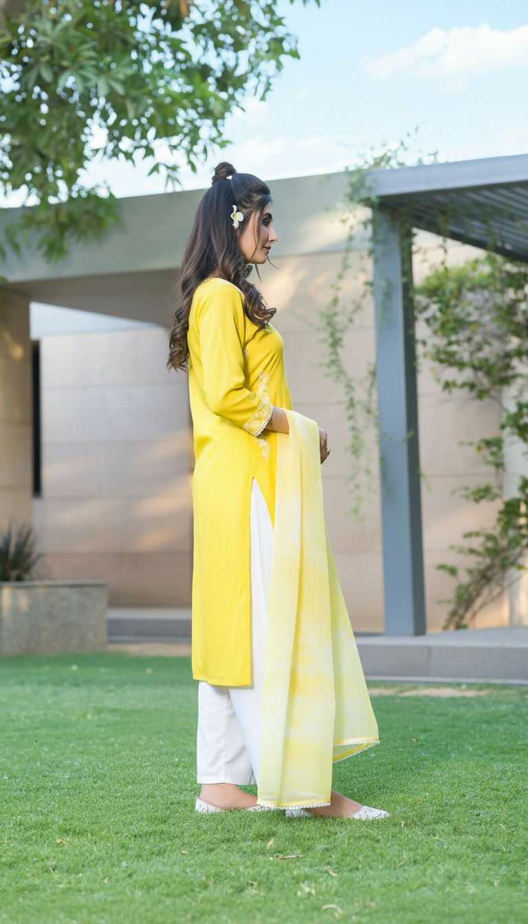 BulBul Pooja Yellow Rayon Kurta Set with Dupatta - Swadesiicart