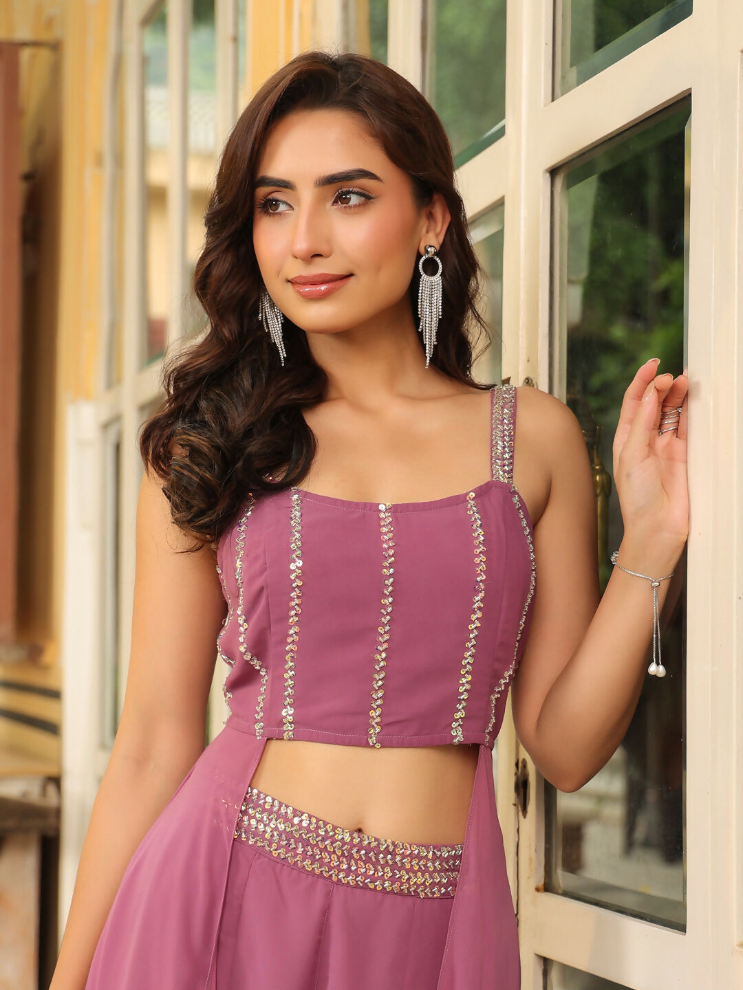 Janasya Lavender Georgette Embellished Co-Ords - Swadesiicart