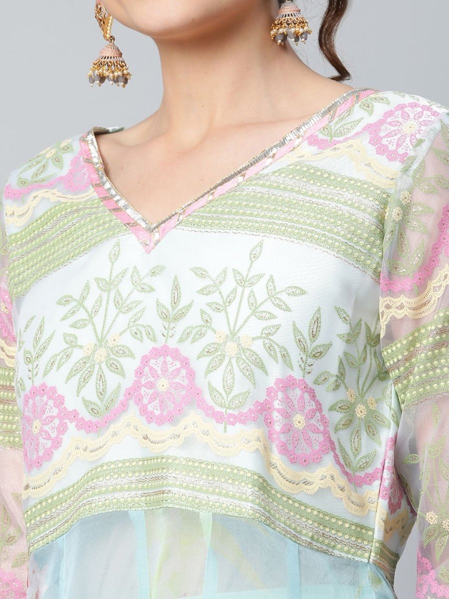 Ahalyaa Women Sea Green Organza Romantic Florals Kurta Palazzo Set | Swadesiicart