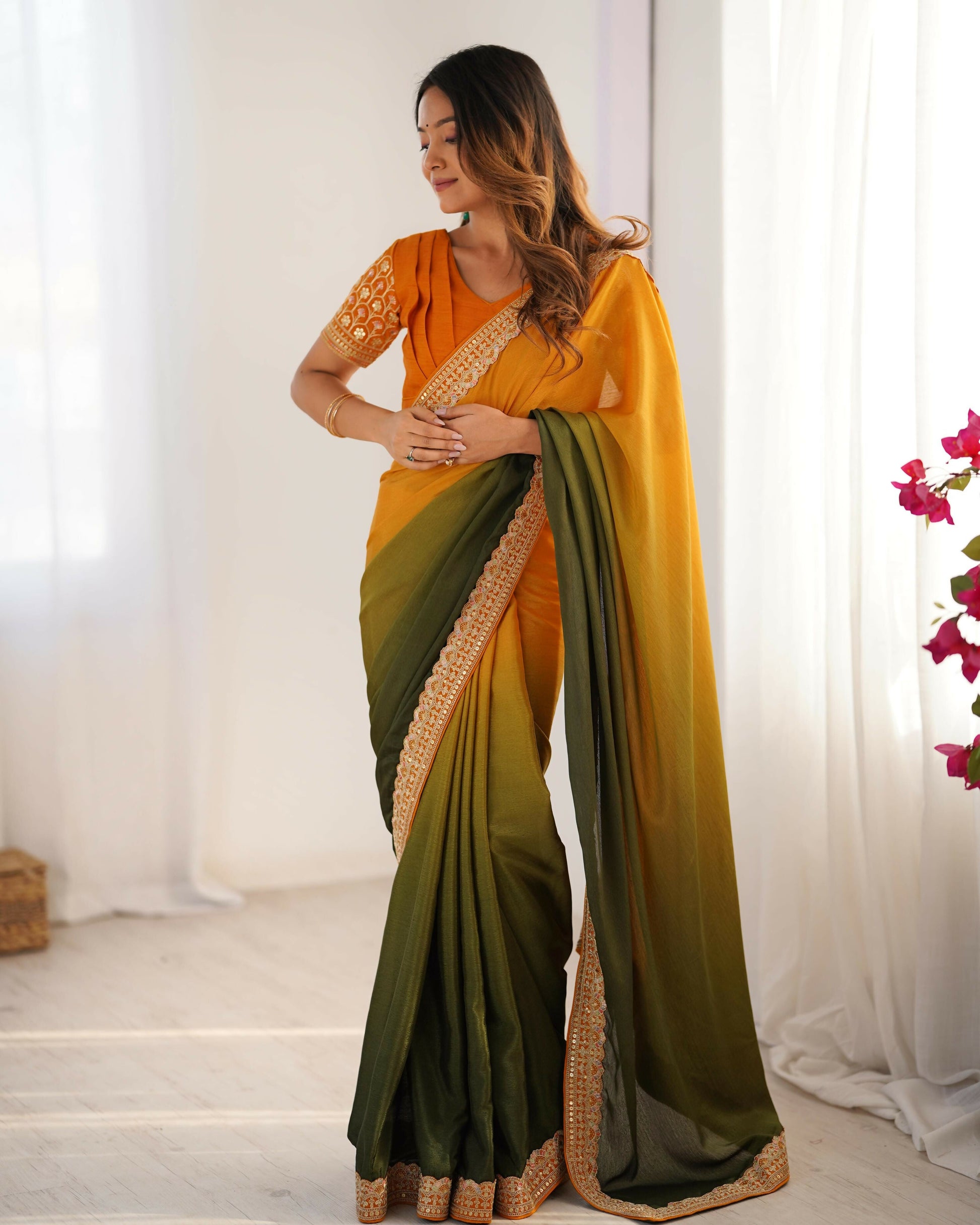 Exclusive Collection Yellow Green Party Wear Chinon Salk Saree - Swadesiicart