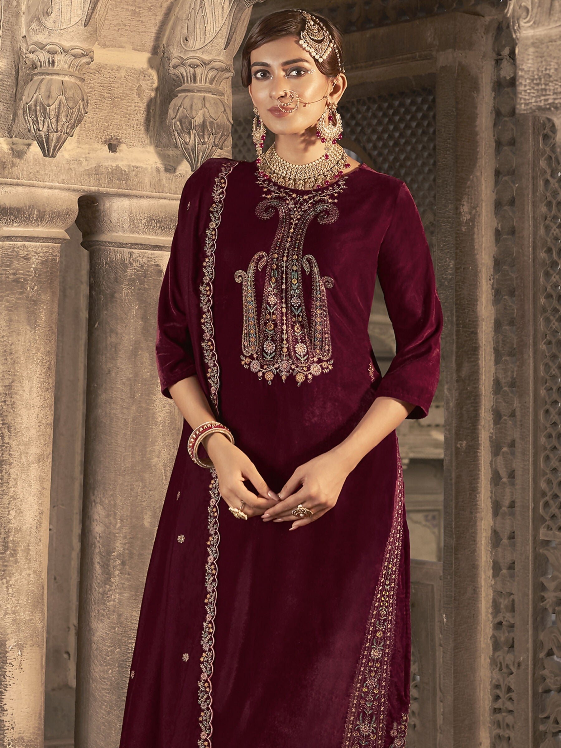 Jyoti Fashion Women's Maroon Velvet Floral Resham Thread with Jari work Kurta with Trouser & Dupatta | Swadesiicart