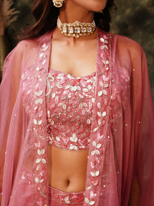 Pink Pure Crepe Handwork Top with Skirt & Shrug - Naomika - Swadesiicart