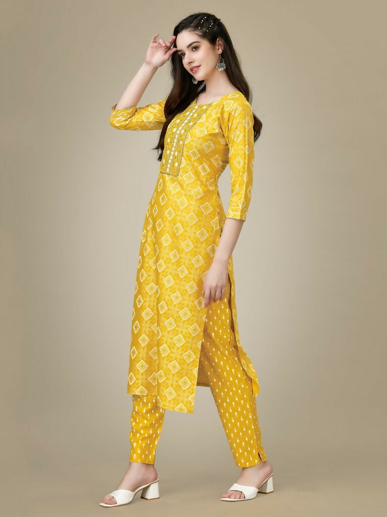 Jyoti Fashion Women's Yellow Rayon Embroidered Kurta Pant Set | Swadesiicart