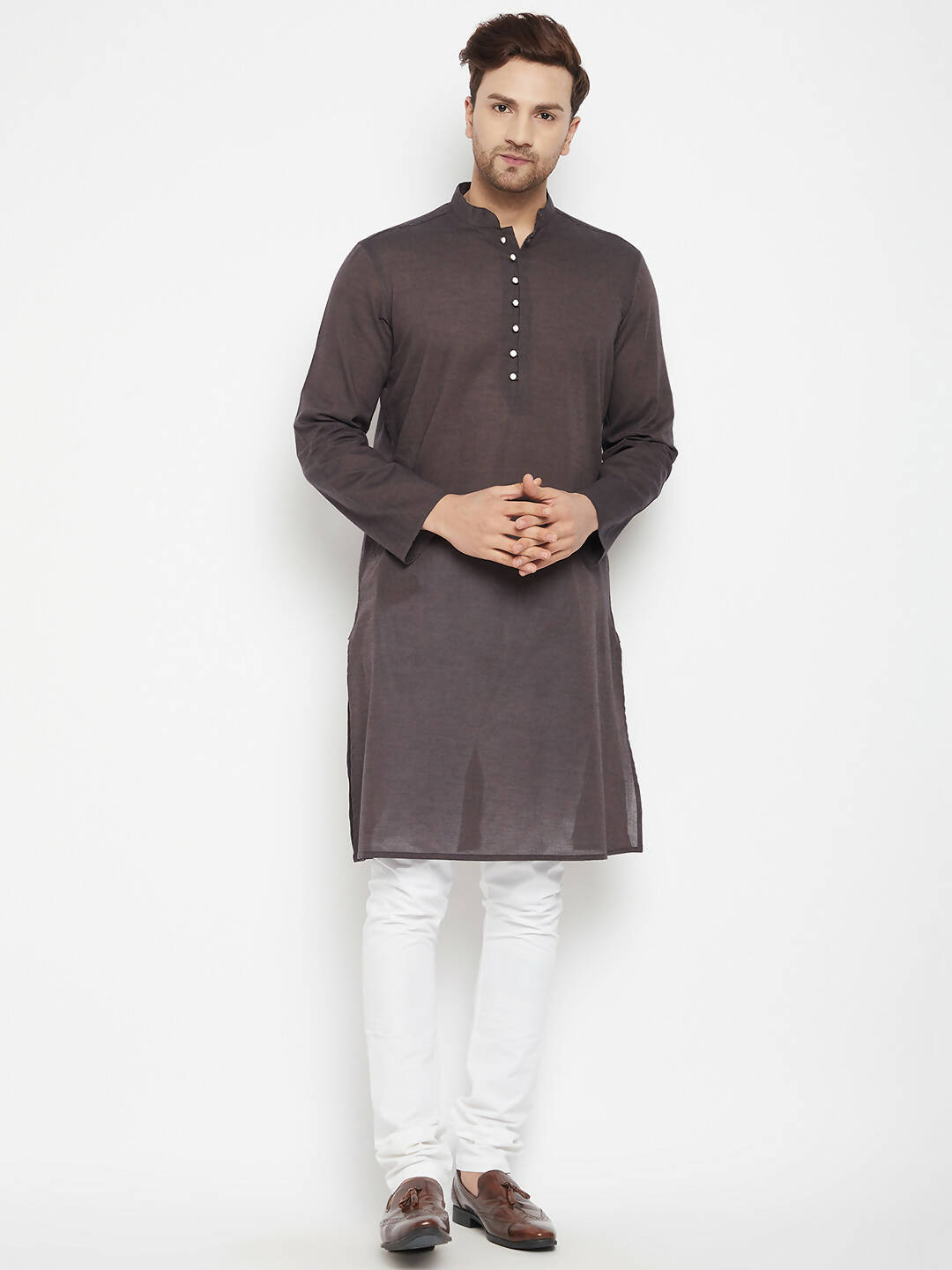 Even Apparels Brown Pure Cotton Long Men's Kurta With Band Collar | Swadesiicart