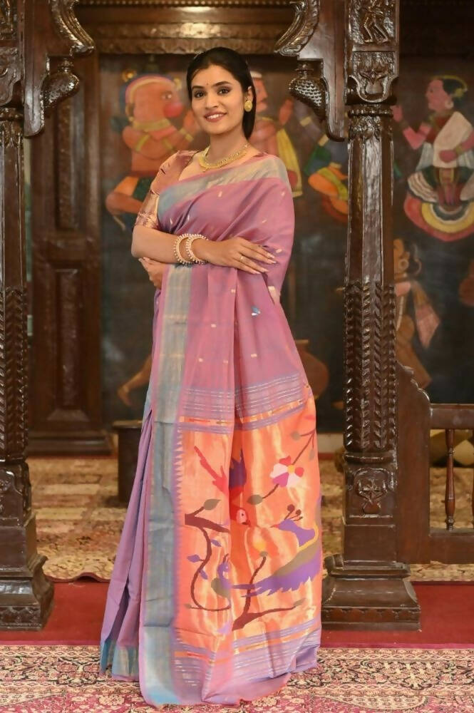Very Much Indian Handloom Pure Cotton Paithani Peacock Pallu-Dual Tone Blue Pink | Swadesiicart