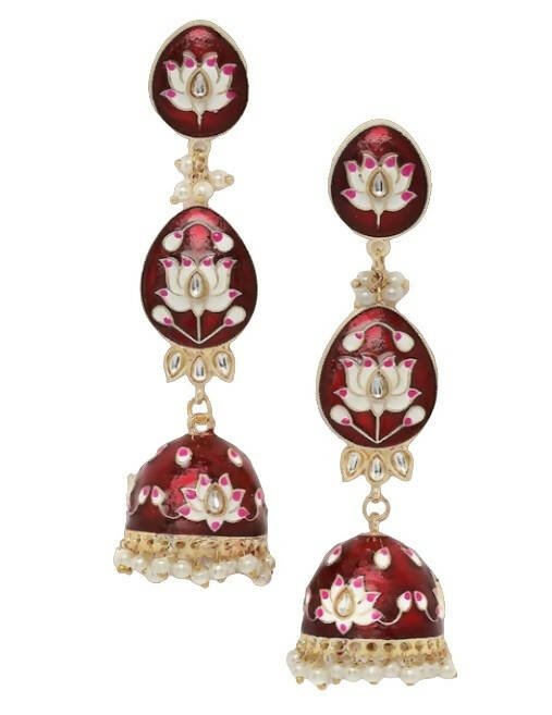 Alloy Base Metal Gold-Toned Kundan Oval Jhumkas Earrings for Women & Girls By House of Ree - Swadesiicart