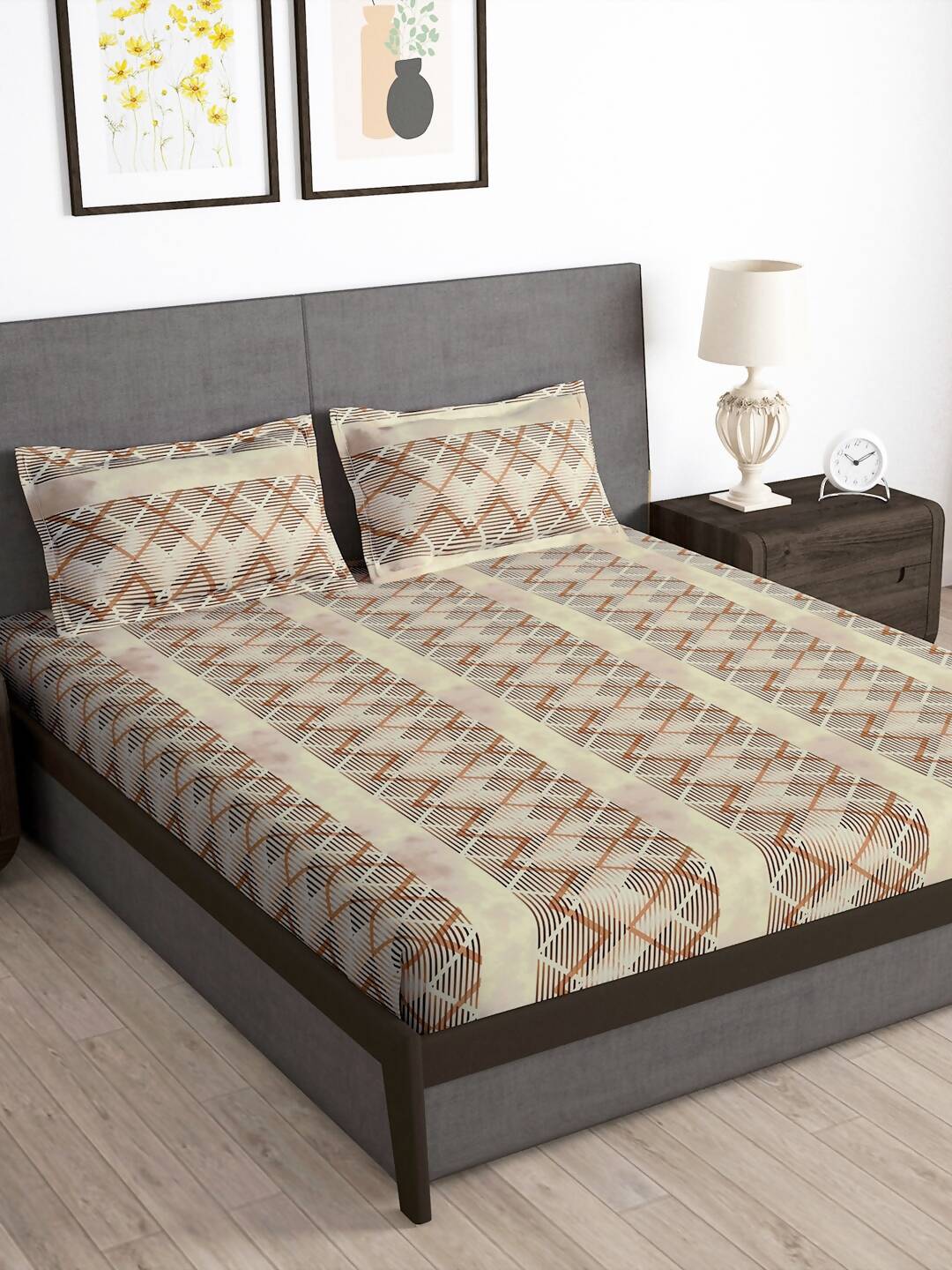 Story@home Brown & White Striped Microfiber 180 TC Bedsheet With Pillow Cover - Swadesiicart