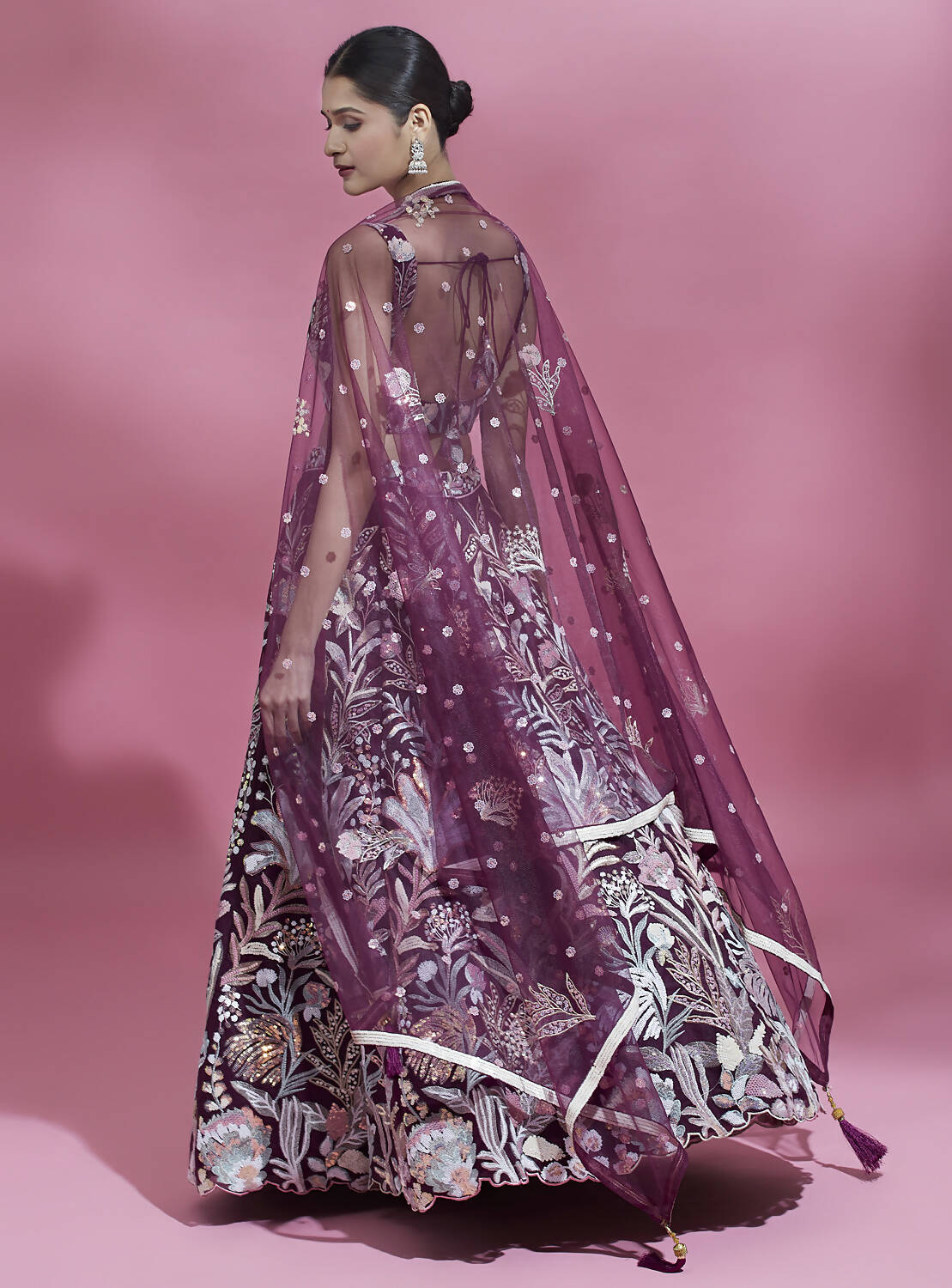 House of Panchhi Burgundy Net Sequinse Work Lehenga & Blouse with Dupatta | Swadesiicart