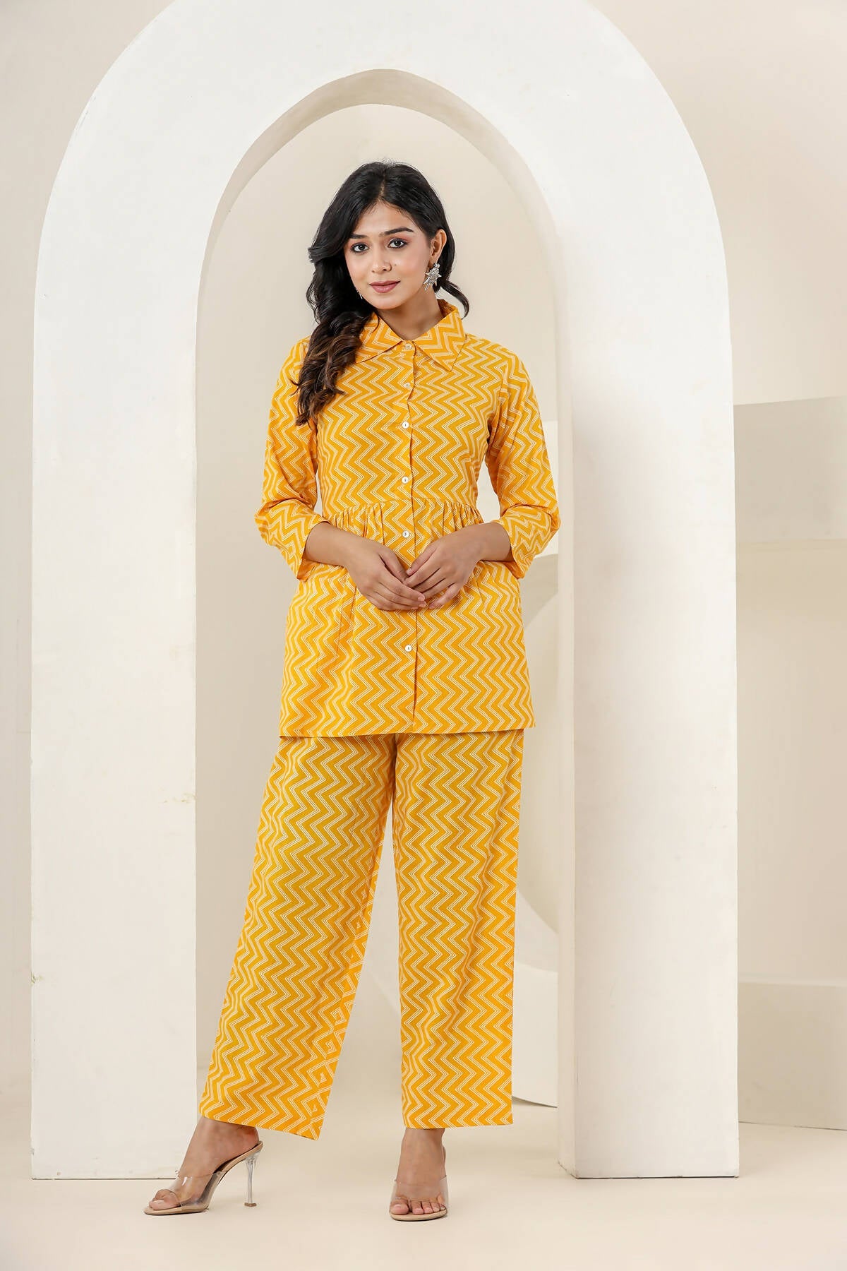 Kaajh Women's Yellow Zigzag Print Cotton Co-ord Set - Swadesiicart