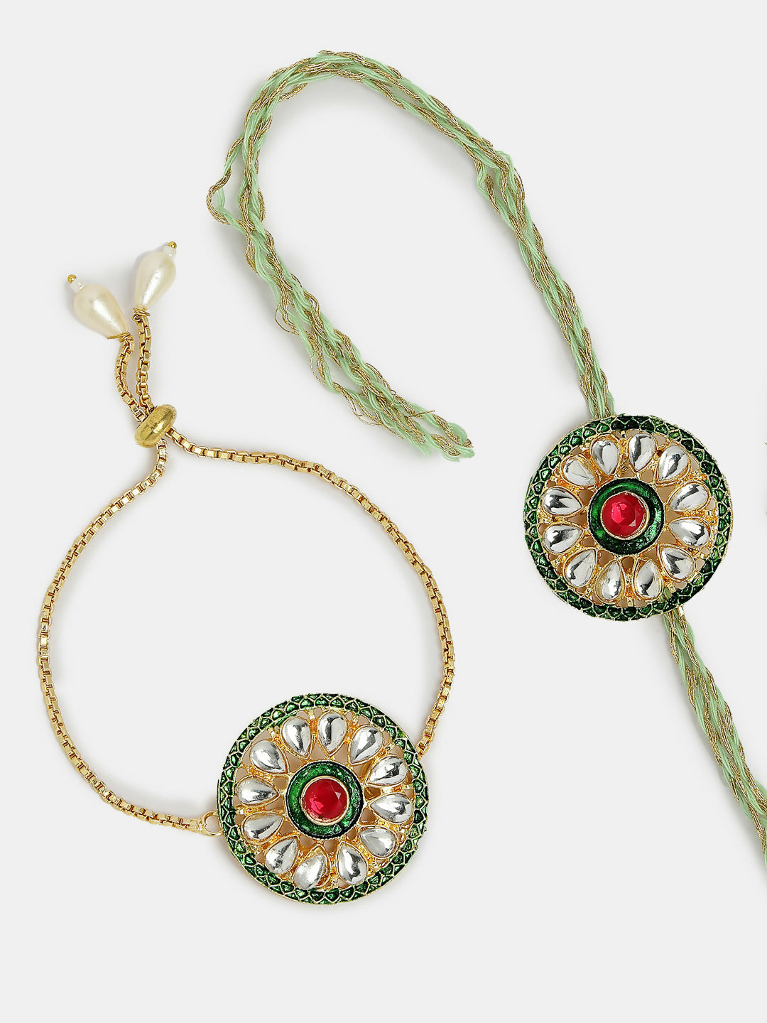 NVR Women & Men Set of 2 Gold Kundan-Studded Handcrafted Wraparound Rakhi Set With Roli Chawal & Chocolate | Swadesiicart