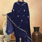 Jyoti Fashion Women's Navy Blue Velvet Cording with Resham Thread & Sequin Kurta with Trouser & Dupatta | Swadesiicart