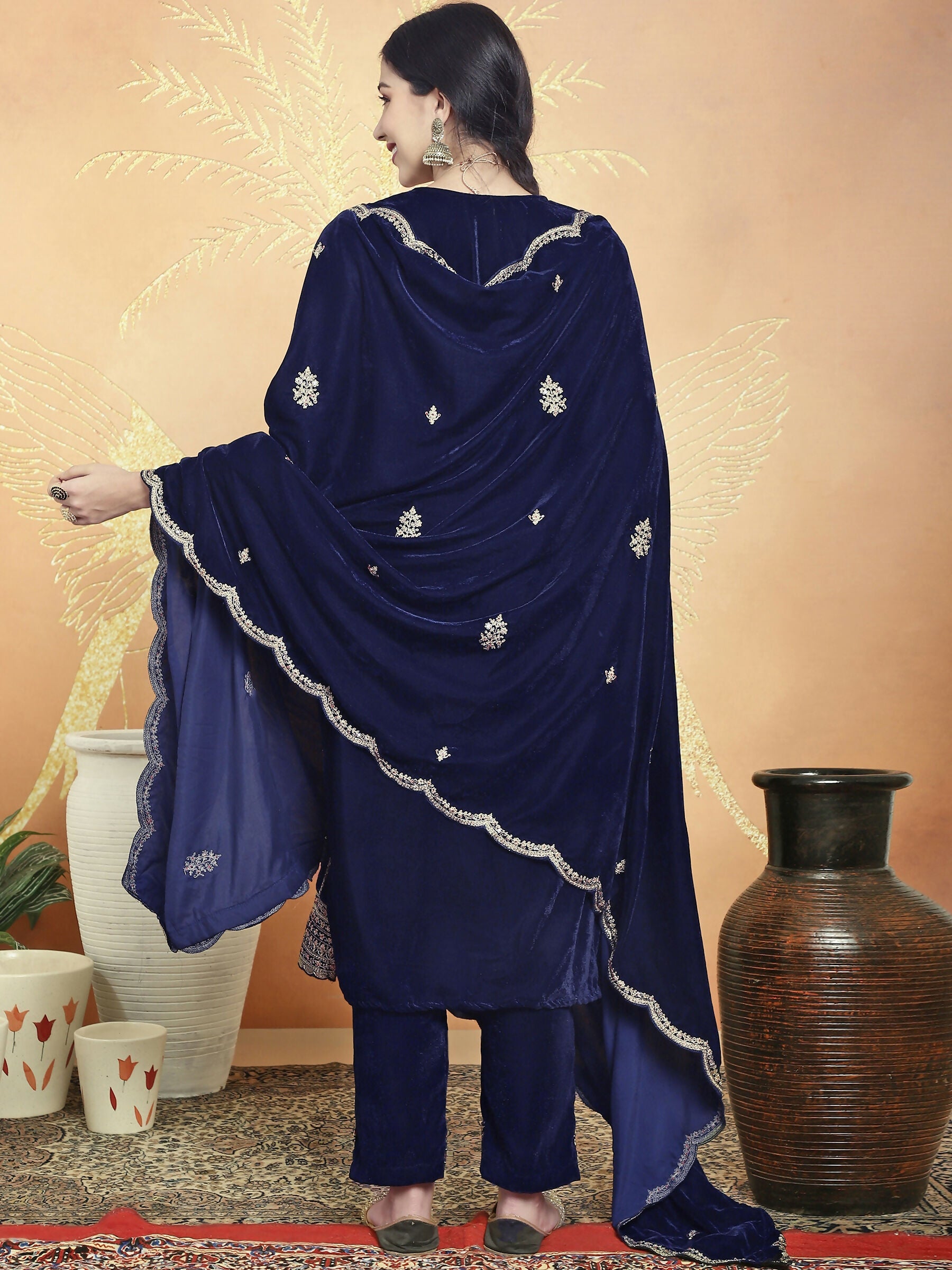 Jyoti Fashion Women's Navy Blue Velvet Cording with Resham Thread & Sequin Kurta with Trouser & Dupatta | Swadesiicart