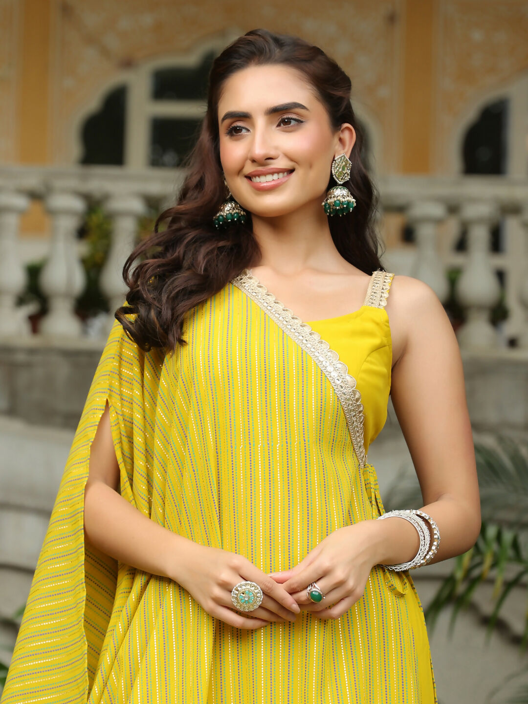 Janasya Yellow Georgette Solid Top Bottom Cape | Swadesiicart