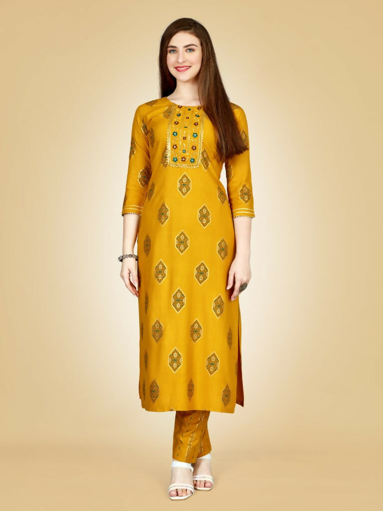 Jyoti Fashion Women's Yellow Viscose Rayon Embroidered Kurta Pant Set | Swadesiicart
