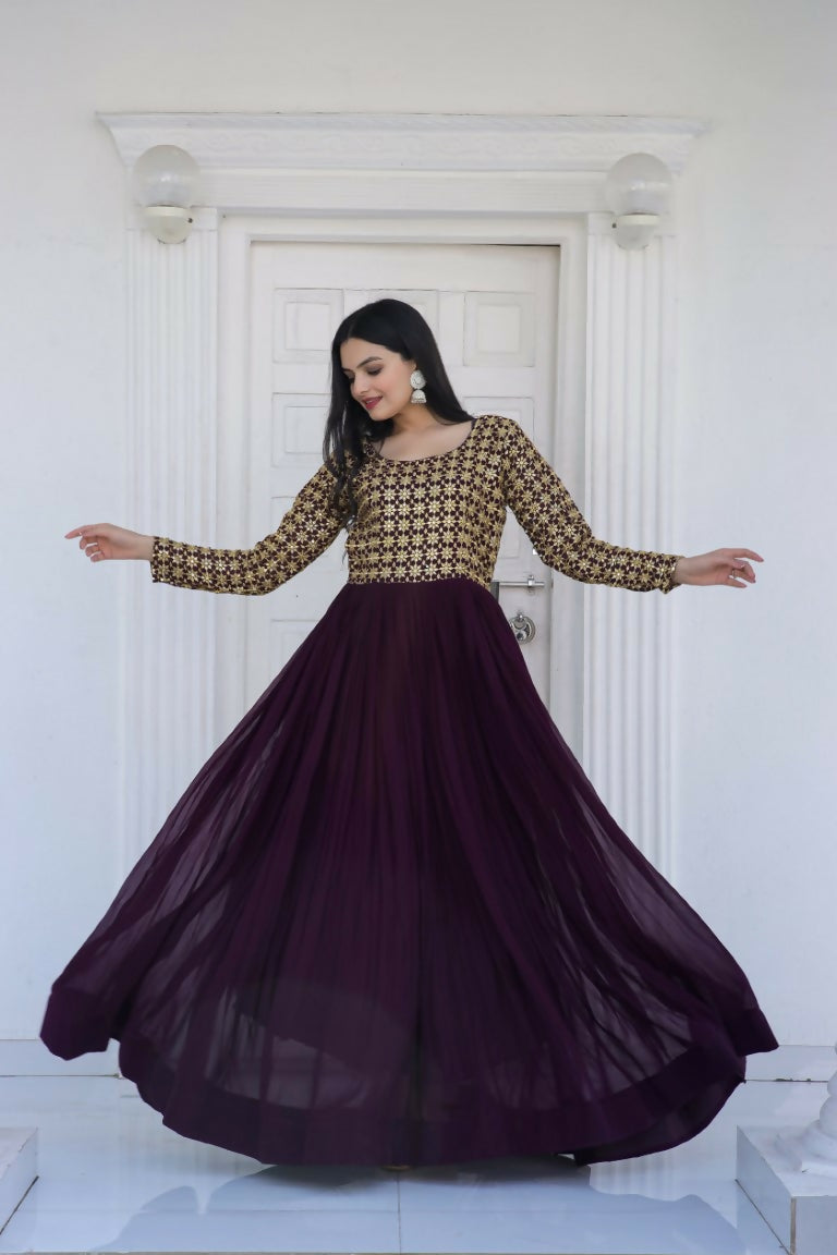 Jyoti Fashion Women's Wine Sequence Zari Embroidered Faux Blooming Anarkali Dress | Swadesiicart