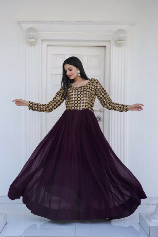 Jyoti Fashion Women's Wine Sequence Zari Embroidered Faux Blooming Anarkali Dress