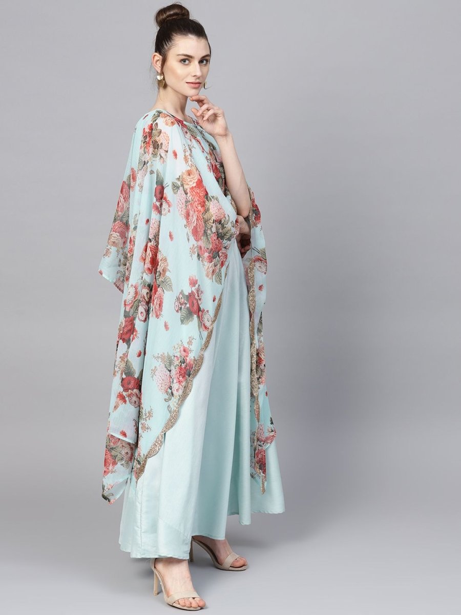 Ahalyaa Aqua Blue Poly Silk Kurta With Attached Printed Dupatta | Swadesiicart