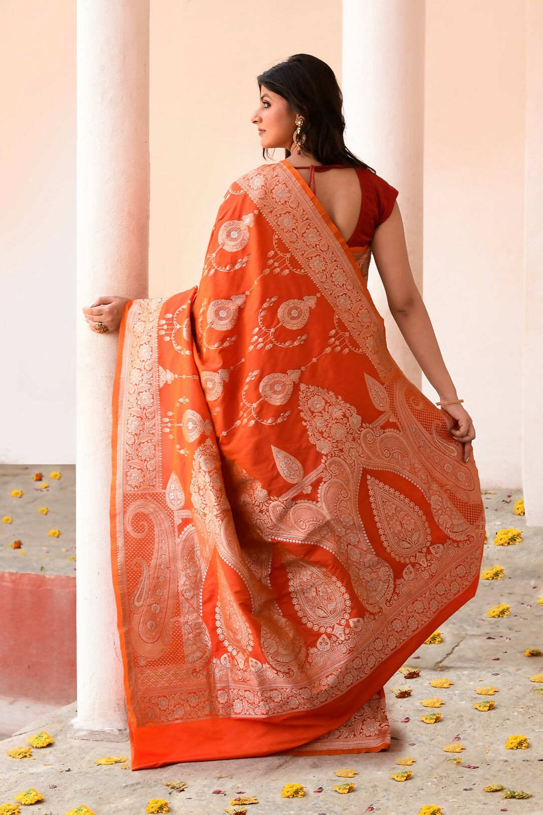 Joban Fashion Orange Banarasi Soft Pure Handloom Banarasi Silk Saree | Swadesiicart